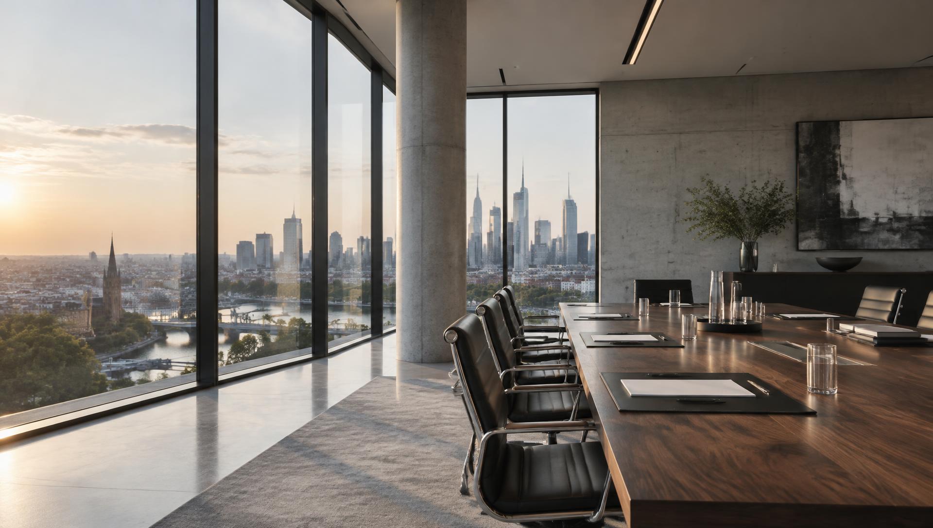 An executive conference table overlooking the city